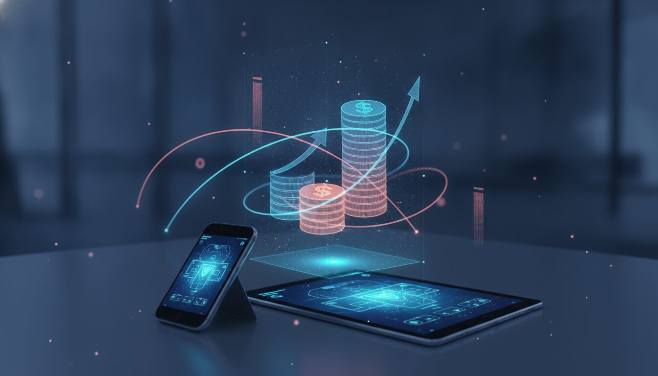 Executivo orientando cliente em ambiente fintech com elementos gráficos sutis sobre Remessa Câmbio