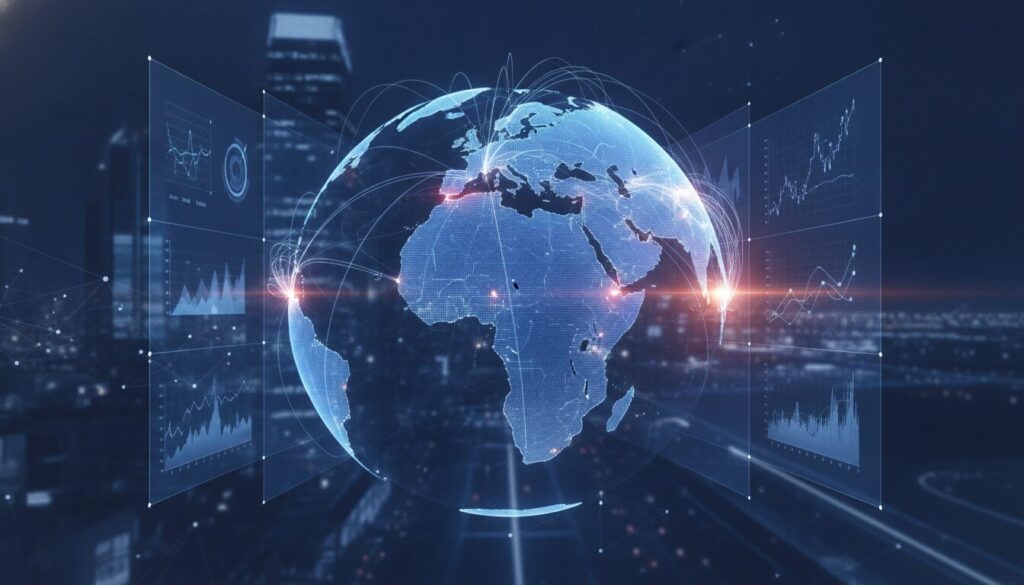 Pessoa em meio-corpo num ambiente fintech, explicando processos de remessas e salário Itália com grafismos sutis e paleta azul acolhedora
