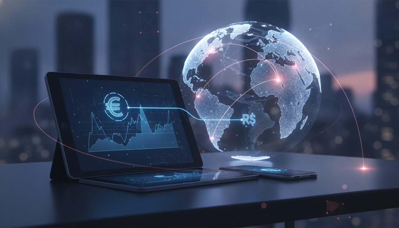 Pessoa executiva orientando cliente com elementos gráficos sutis sobre receber euro em serviço financeiro digital