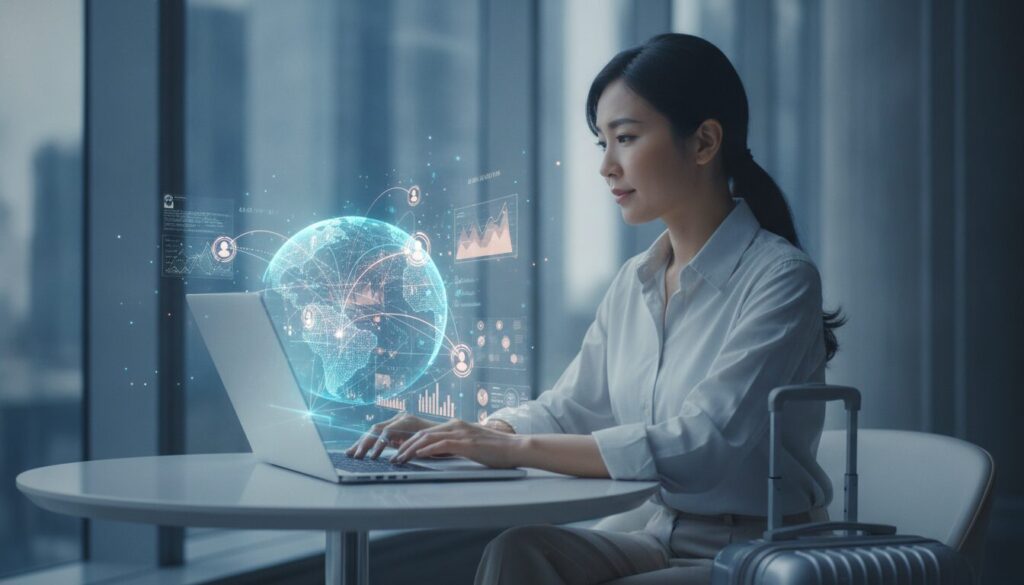 Pessoa executiva orientando cliente sobre exportação de acai, cenário fintech corporativo e elementos gráficos sutis