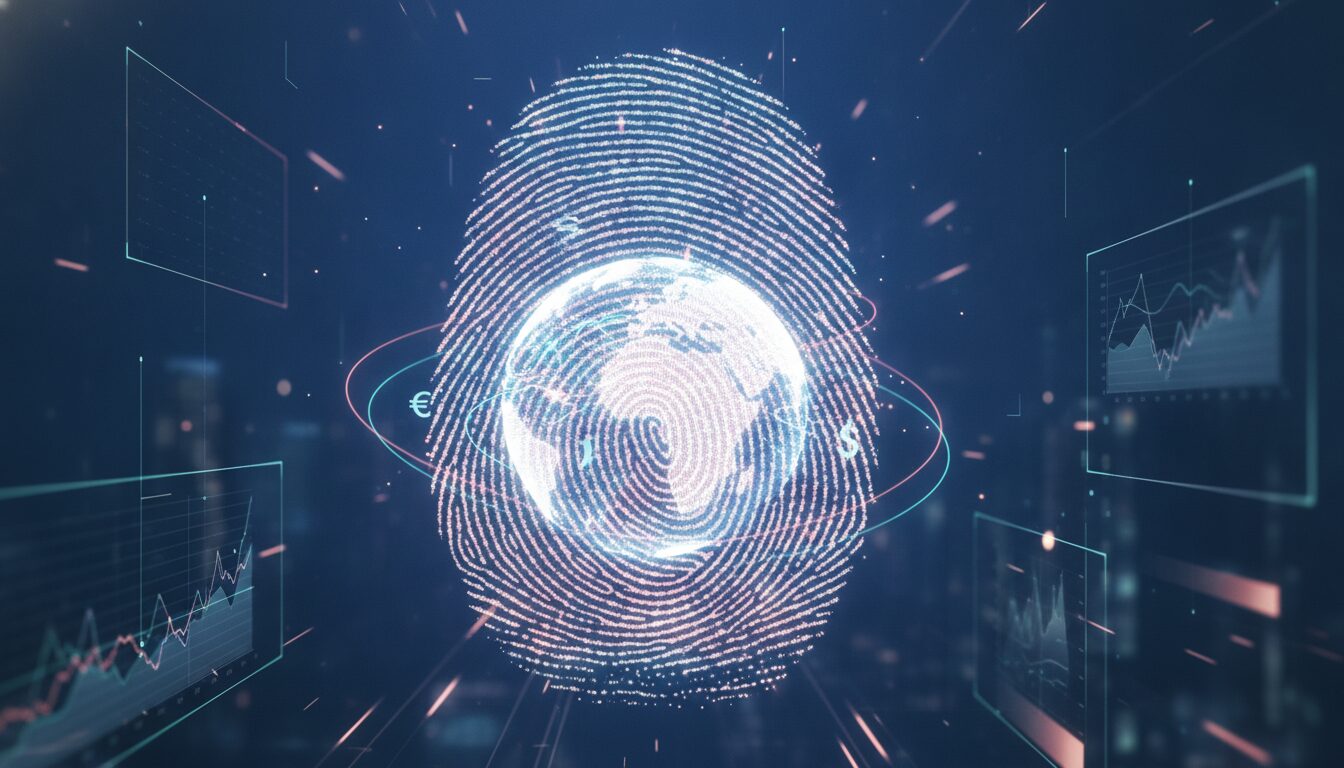 Executivo em meio-corpo em ambiente fintech, com grafismos sutis que sugerem operações cambiais, ilustrando atendimento do BANCO INTER S.A.
