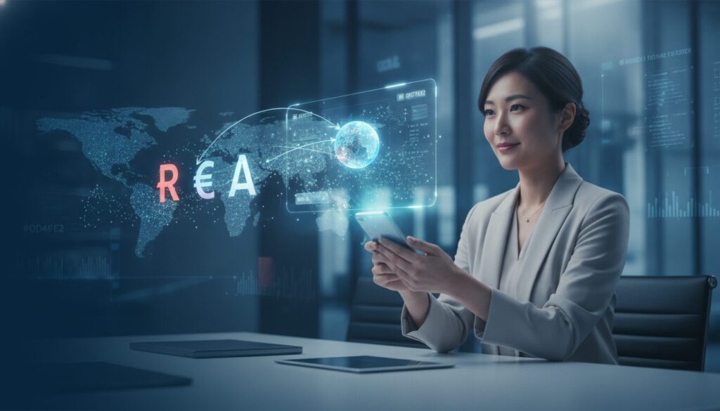 Profissional em meio-corpo em ambiente fintech, orientando sobre salário no Chile com grafismos sutis e paleta azul suave