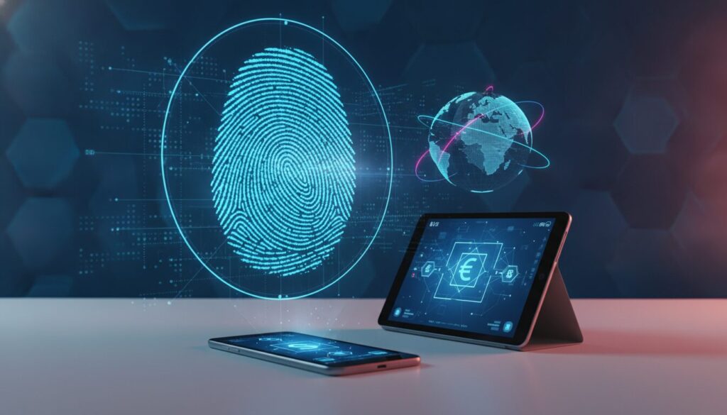 Executivo meio-corpo em atendimento fintech, fundo tecnológico azul e overlay discreto representando remessas e Salário Paraguai