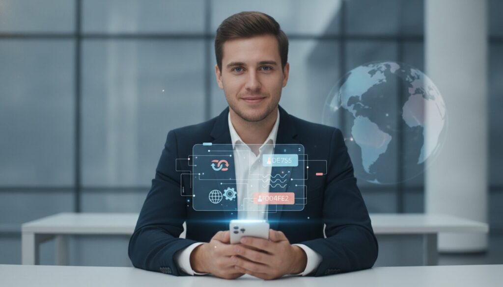 Executivo orientando cliente em ambiente fintech com elementos gráficos sutis, tema Marco Cambial