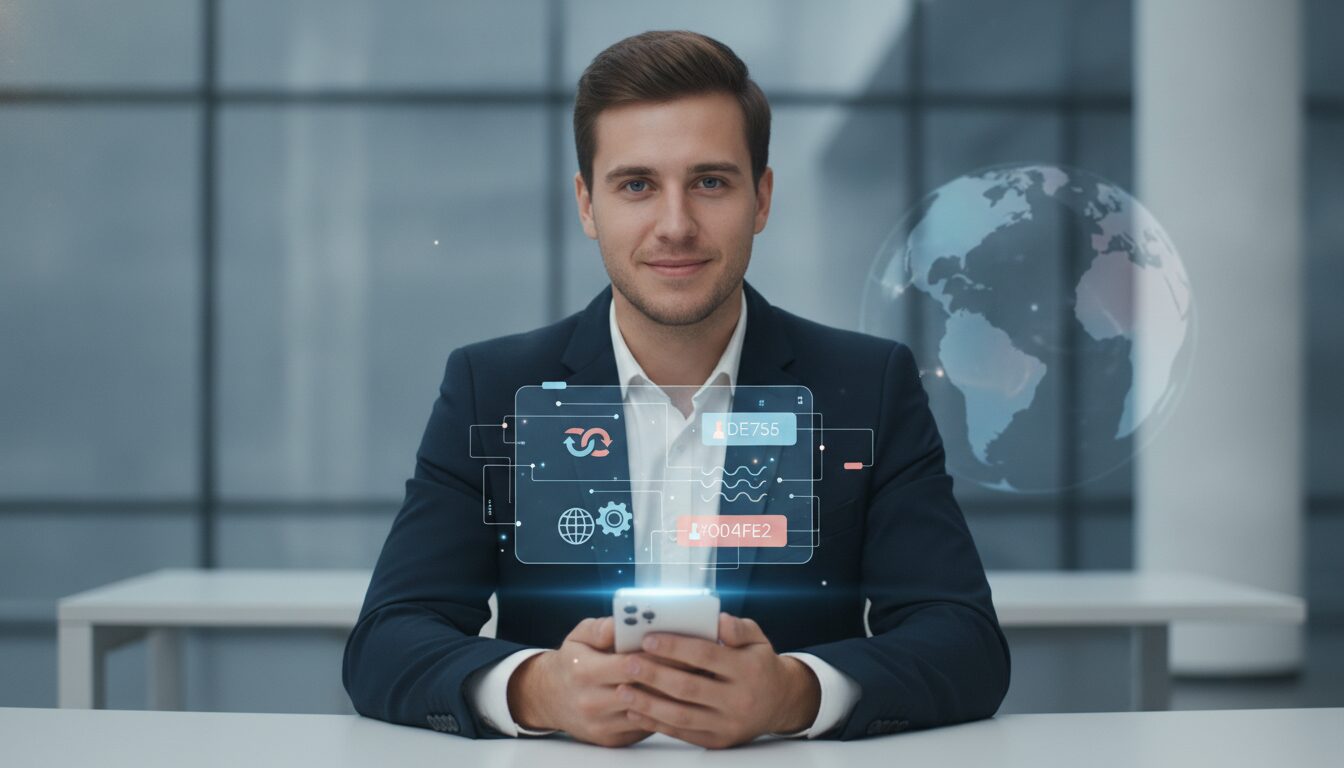Executivo orientando cliente em ambiente fintech com elementos gráficos sutis, tema Marco Cambial