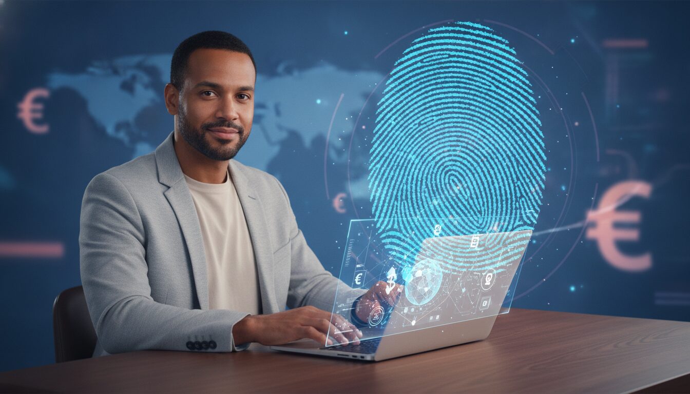 Profissional meio-corpo em ambiente fintech, overlay discreto e grafismo de circuito, enfoque humanizado para melhor câmbio
