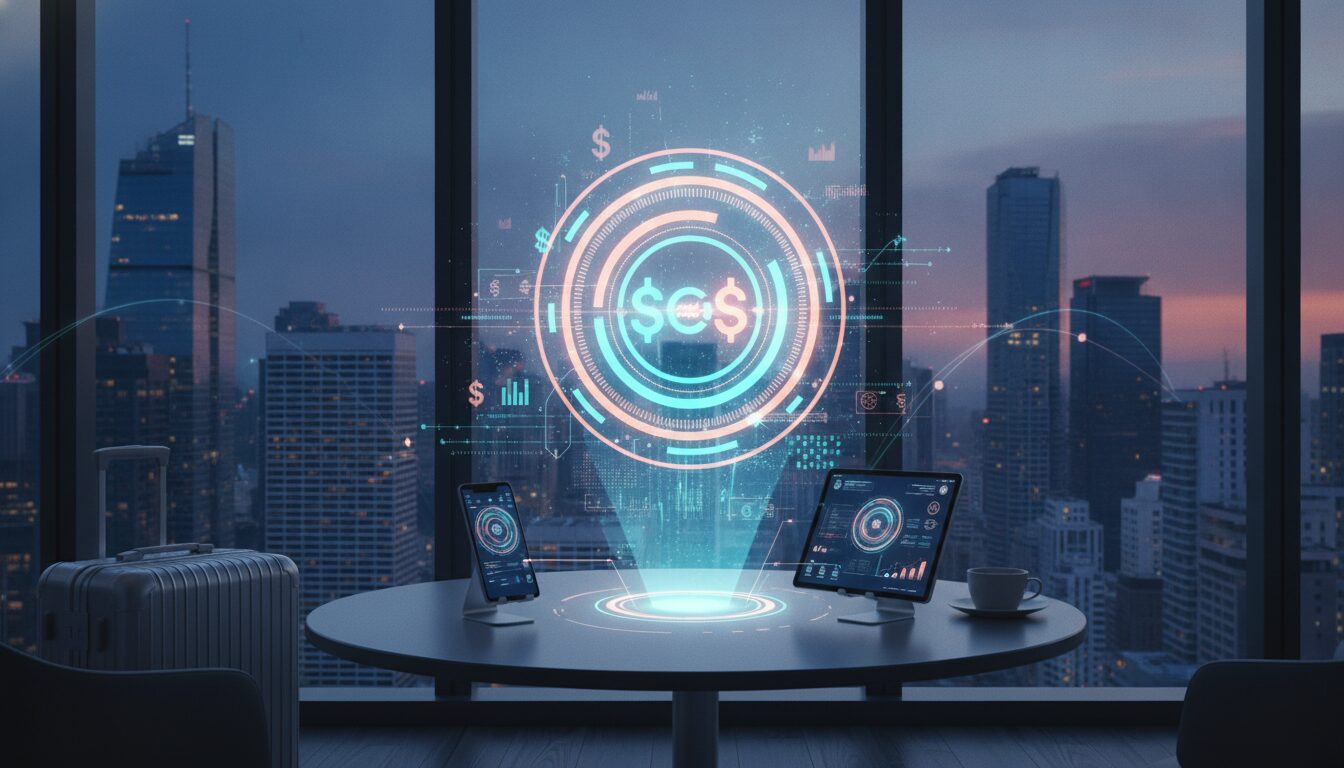 Executivo explicando o tema Salário México, com grafismos digitais sutis e fundo corporativo em estilo fintech