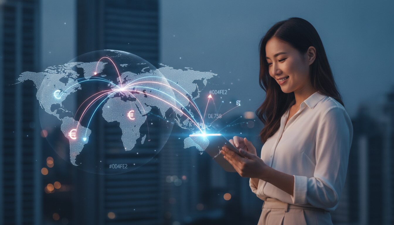 Executivo orientando cliente sobre remessas e câmbio para Turismo Exterior Caribe, em ambiente fintech moderno e acolhedor