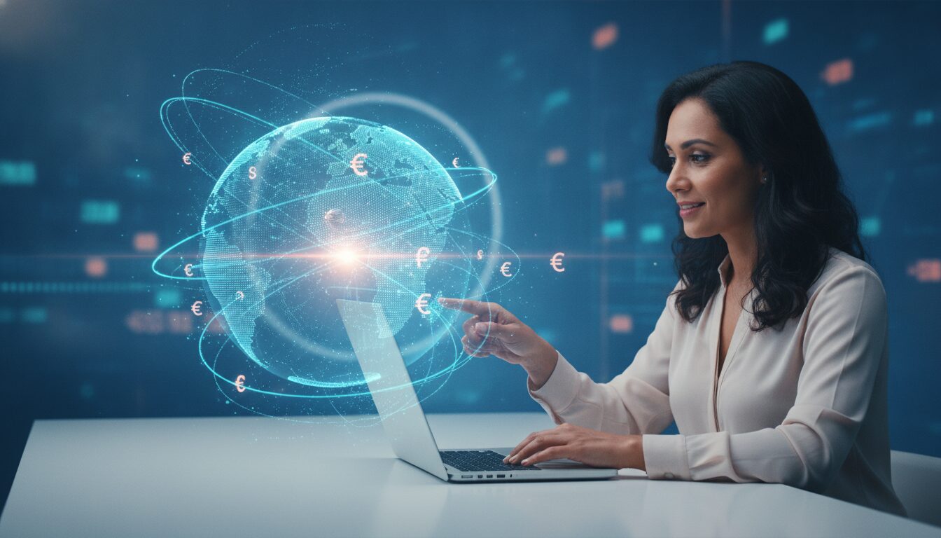 Atendimento Executivo em Fintech Dolar Hoje Executivo orientando cliente em ambiente fintech corporativo com grafismos sutis representando operações cambiais e o tema dolar hoje