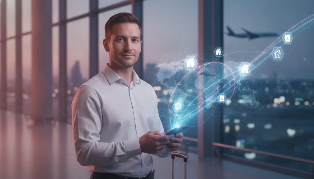 Executivo em meio-corpo em ambiente fintech moderno com grafismos sutis, ilustrando o tema Custo de Vida EUA