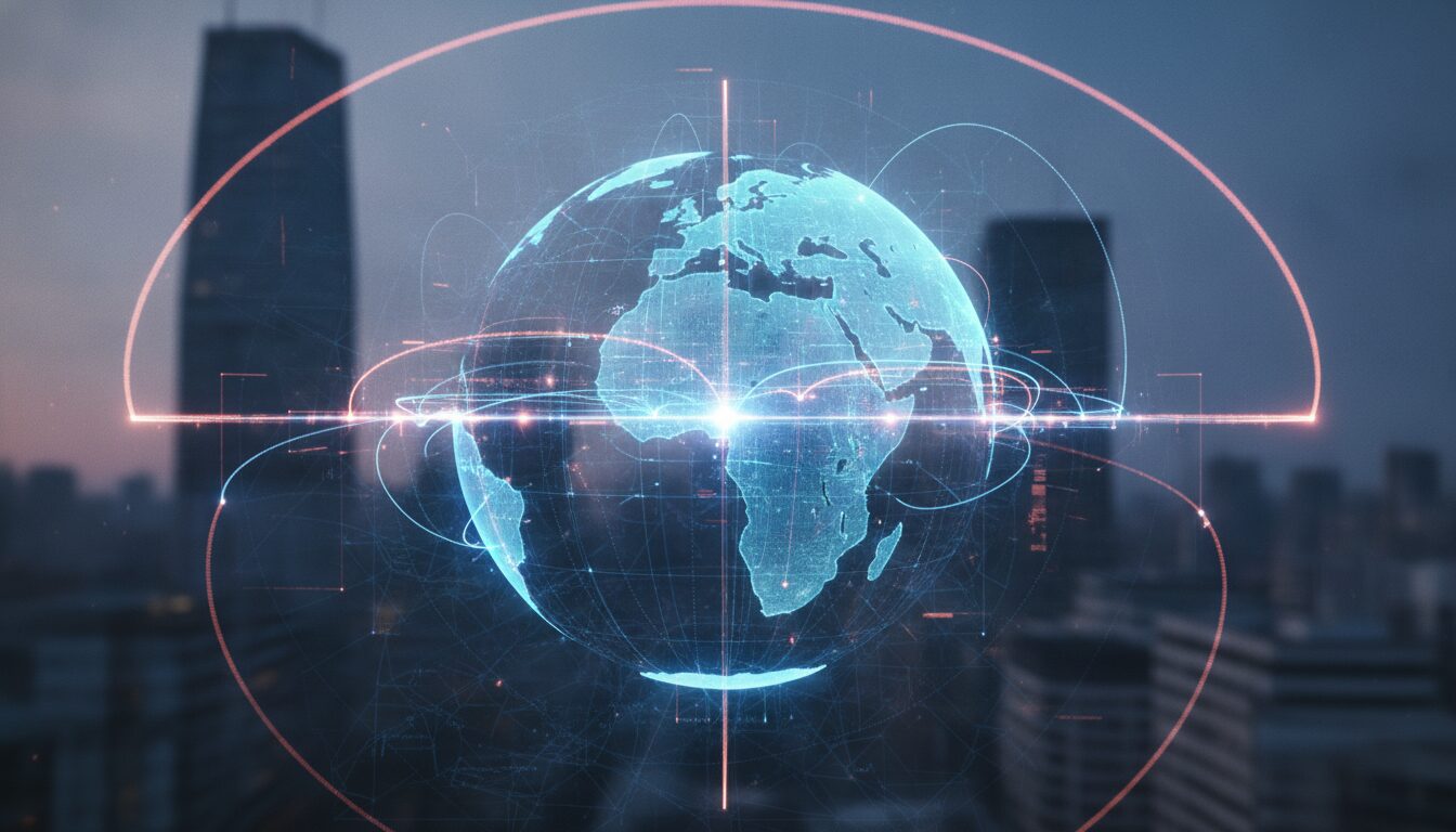 Profissional em plano médio orientando cliente em ambiente fintech moderno, ilustrando serviços de Turismo Exterior América.