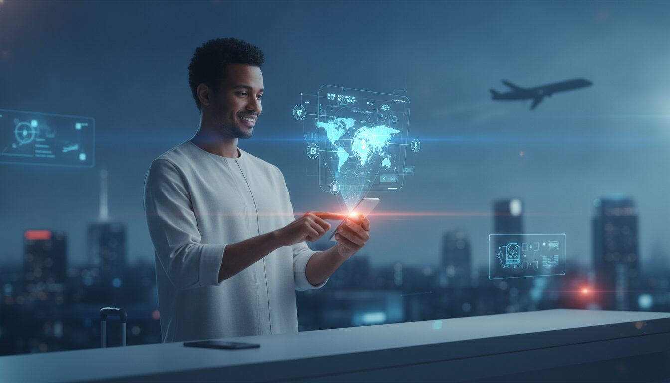 Profissional em meio-corpo orientando cliente em ambiente fintech sobre Turismo Exterior América