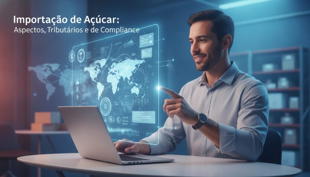 Pessoa executiva orientando cliente em ambiente tecnológico sobre importação de cana de açúcar