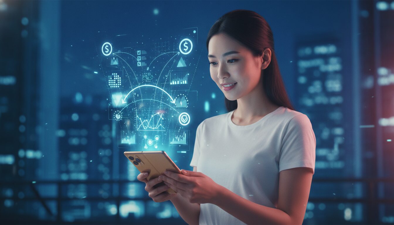 Atendimento Executivo E Explicação De Relatórios Bacen Executivo em meio-corpo orientando sobre Relatórios Bacen, com grafismos digitais sutis e fundo tecnológico corporativo