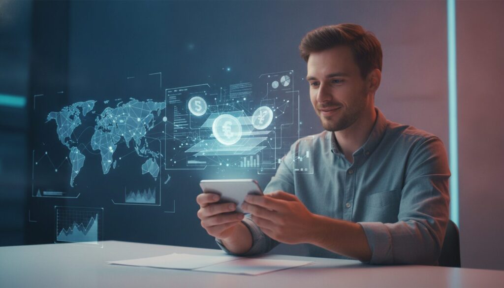 Executivo em meio-corpo em ambiente fintech, elementos gráficos sutis ilustrando atendimento e contexto de euro hoje