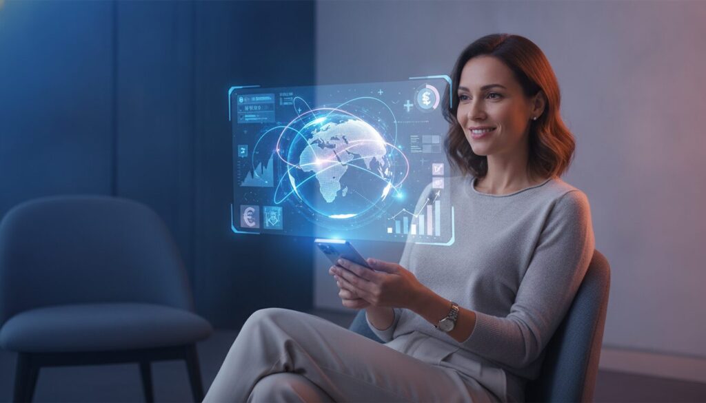 Executivo em meio-corpo orientando cliente com interface holográfica discreta sobre cotação do dolar agora