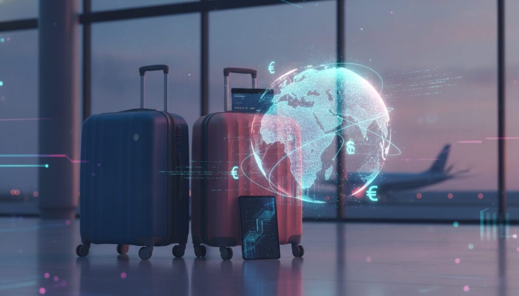 Executivo orientando cliente em cenário fintech azul com overlay holográfico sutil e grafismos tecnológicos, tema Turismo Exterior Austrália