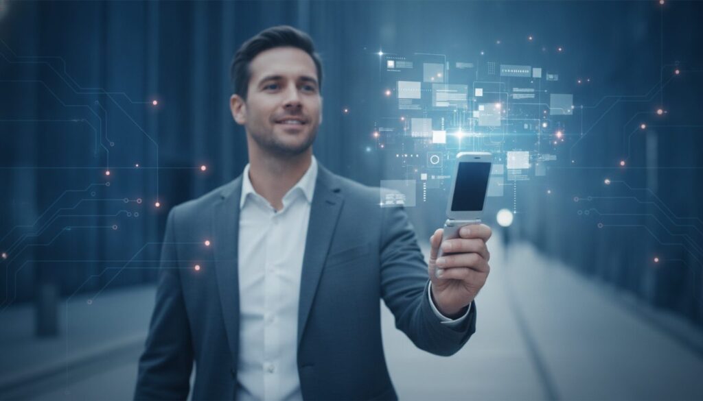 Executivo em meio-corpo orientando sobre serviço digital com grafismos sutis para Banco B3 S.A.