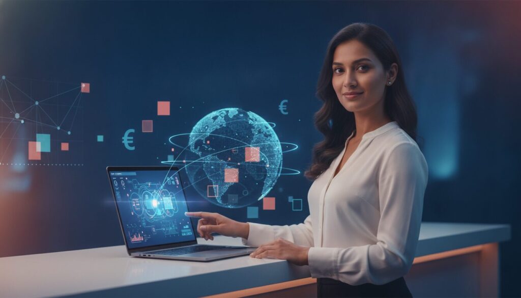 Executivo em meio-corpo com overlay holográfico discreto representando operações de remessa e euro agora em ambiente fintech