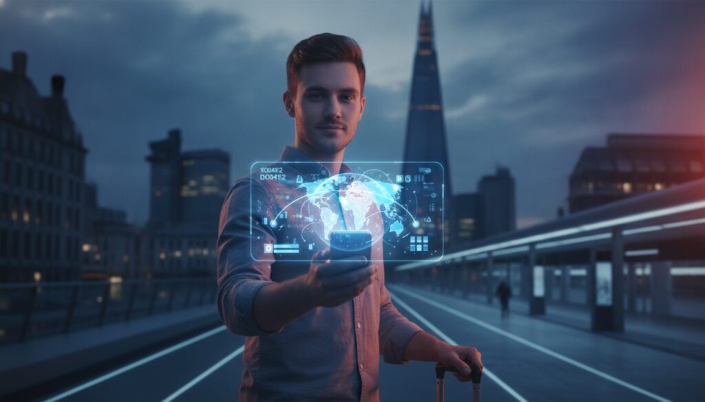 Executivo em plano médio em ambiente fintech orientando sobre Custo de Vida Reino Unido, com grafismos sutis e visual corporativo