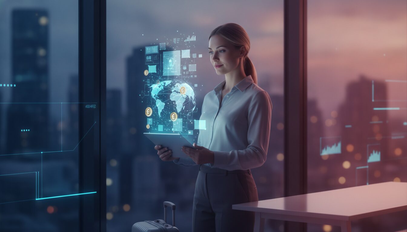 Atendimento Corporativo Para Exportação Cacau Em Ambiente Fintech Executivo orientando cliente em ambiente fintech corporativo sobre exportação cacau, com grafismos sutis e paleta azul clara