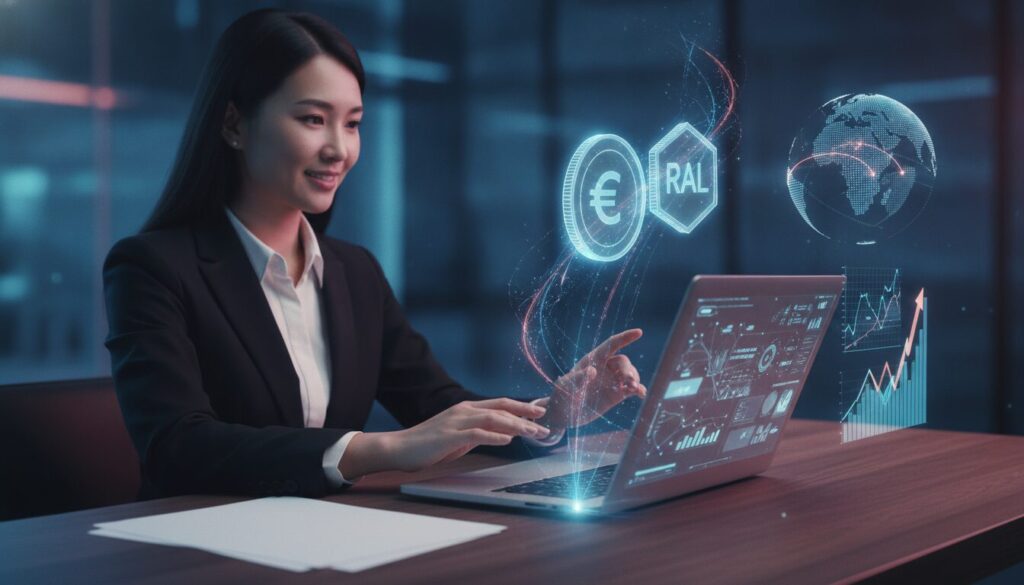 Executiva explicando operações de câmbio agora em ambiente fintech, fundo tecnológico azul e overlay gráfico sutil