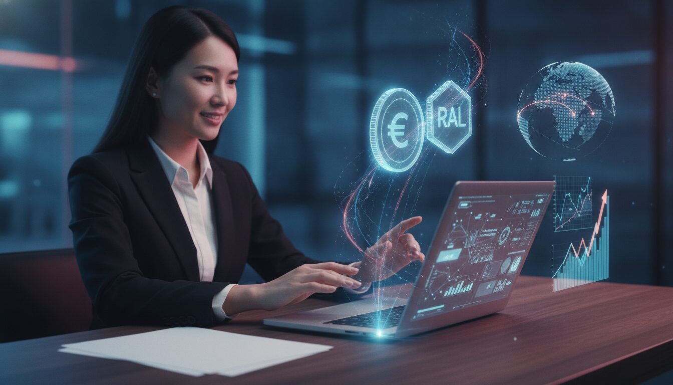 Executiva em Fintech Explicando Câmbio Agora Executiva explicando operações de câmbio agora em ambiente fintech, fundo tecnológico azul e overlay gráfico sutil