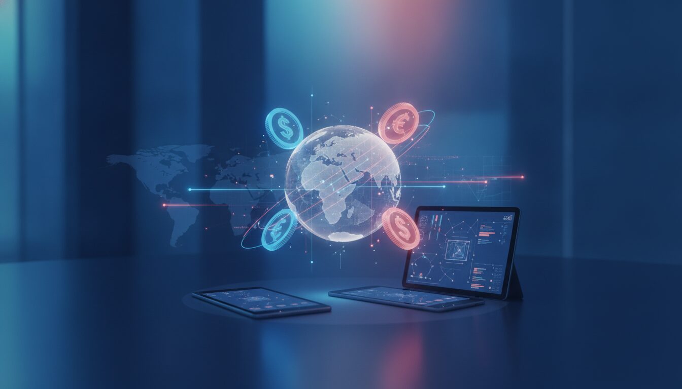 Atendimento Corporativo Para Turismo Exterior América do Norte Executivo explicando opções de remessas e atendimento para Turismo Exterior América do Norte em ambiente fintech com grafismos sutis