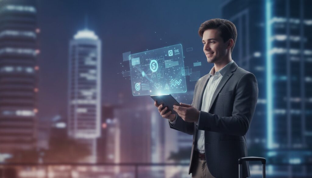 Profissional em plano médio explicando Custo de Vida Nova Zelândia em ambiente fintech tecnológico e acolhedor