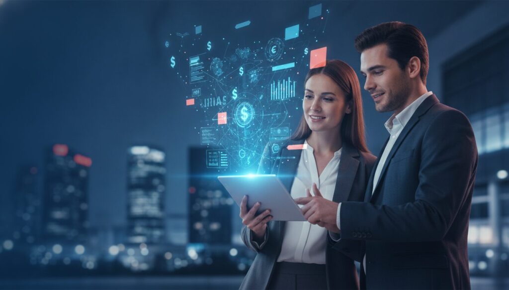 Profissional em meio-corpo em ambiente fintech azul, ilustrando Custo de Vida Nova Zelândia com overlay discreto e composição 16:9
