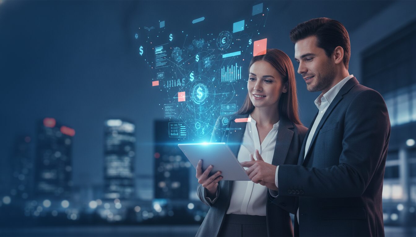 Profissional Explica Custo De Vida Nova Zelândia Em Contexto Fintech Profissional em meio-corpo em ambiente fintech azul, ilustrando Custo de Vida Nova Zelândia com overlay discreto e composição 16:9