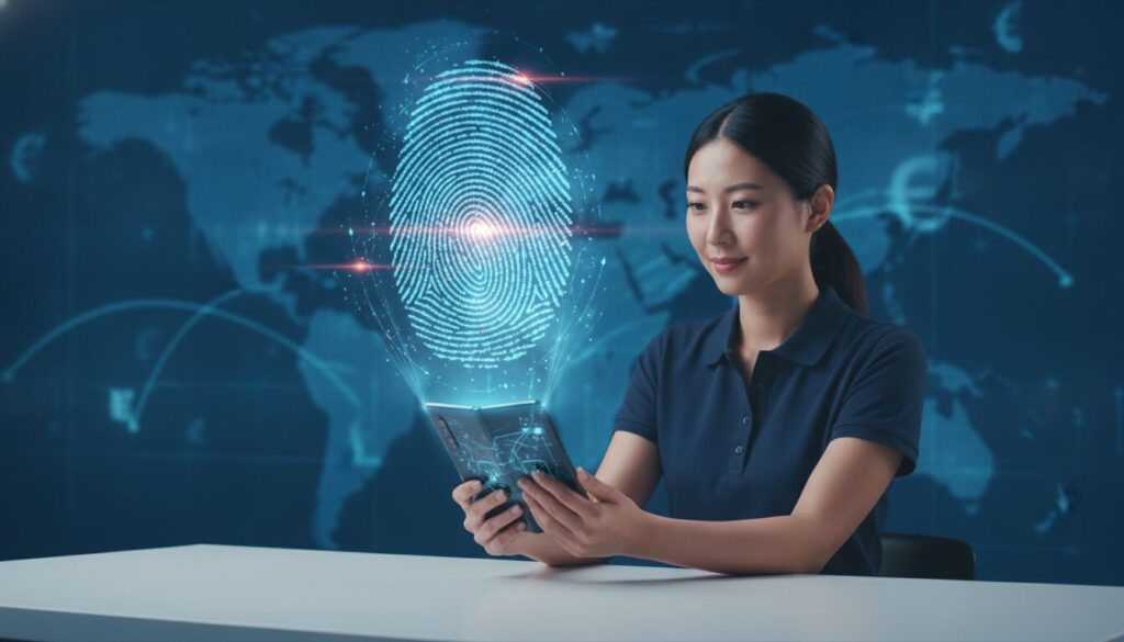 Executivo orientando cliente sobre processo de remessa internacional com interface holográfica e fundo tecnológico